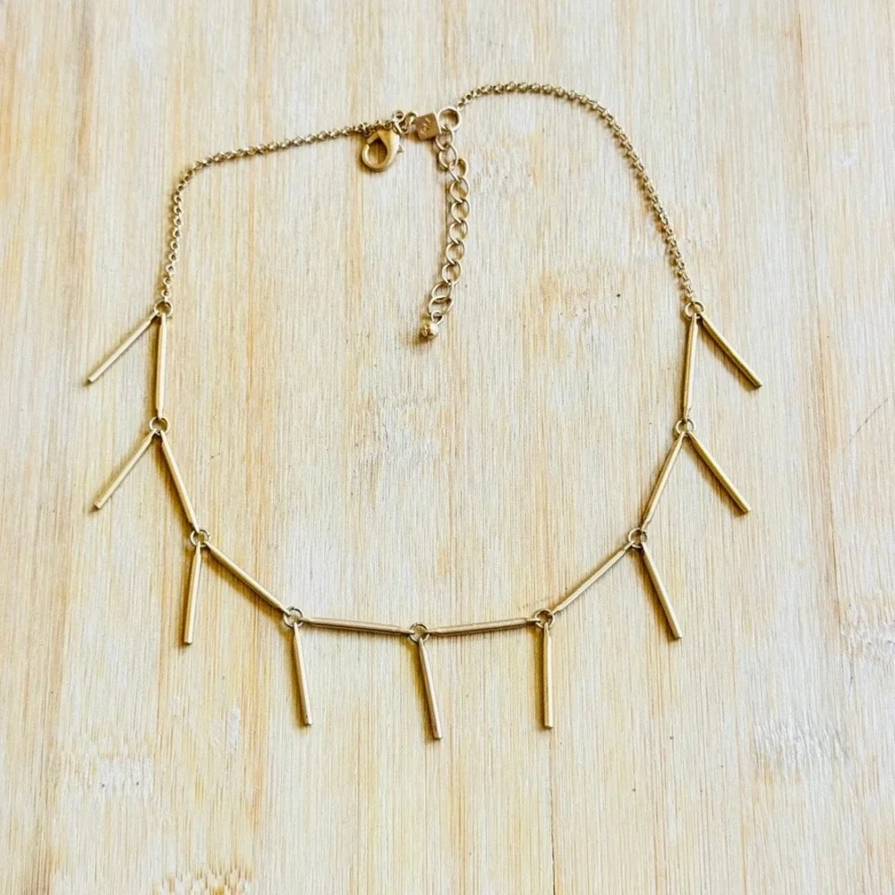 Rebecca Minkoff RM Signed Fringe Necklace Gold Plated Bar Dangle Collar 18